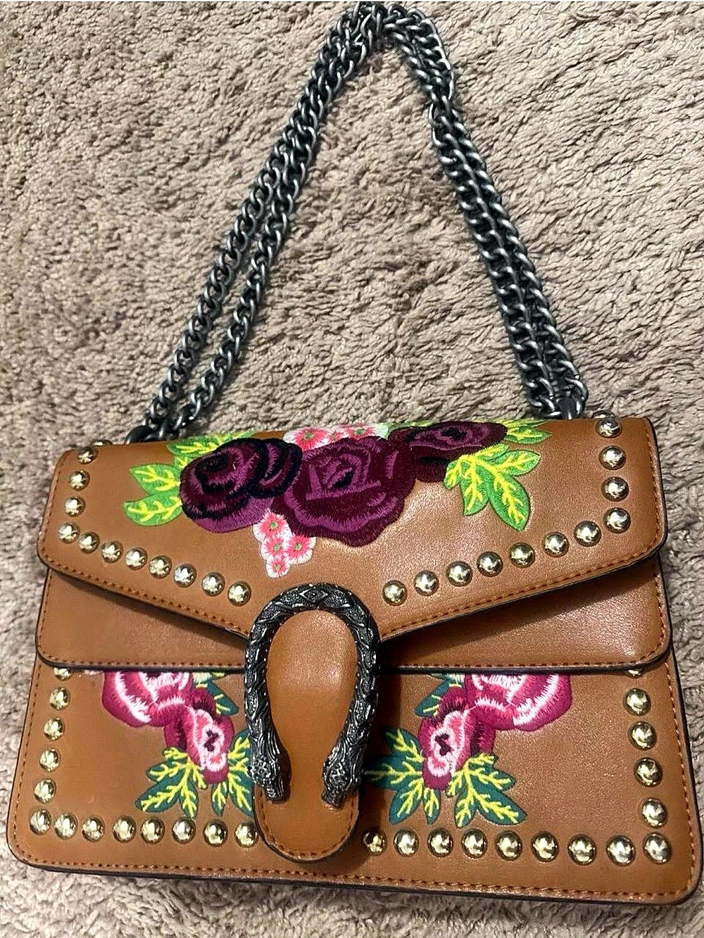 Floral Embroidered Shoulder Bag in Brown & Pink Like New